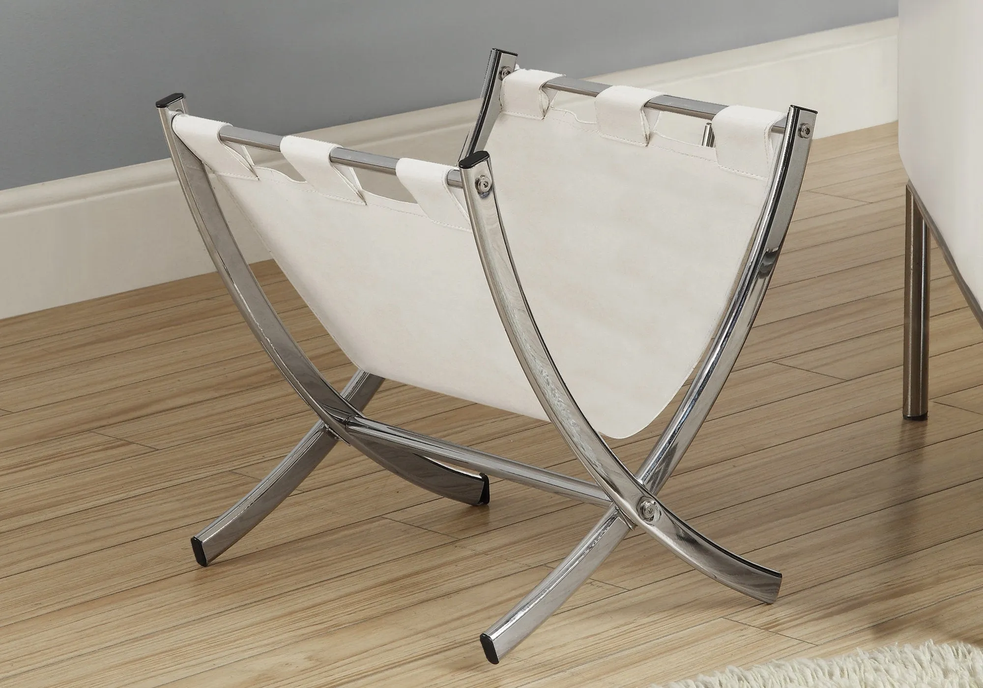18" Silver and White Chrome and Faux Leather Magazine Rack