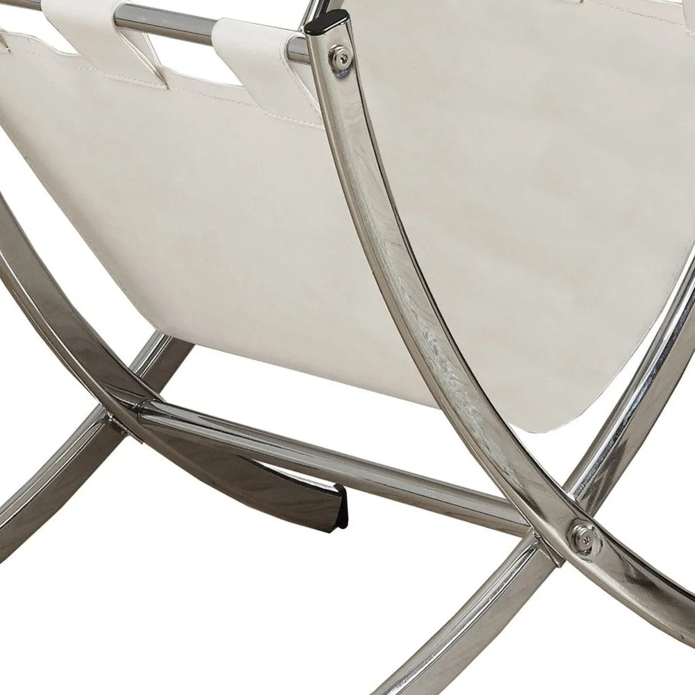 18" Silver and White Chrome and Faux Leather Magazine Rack