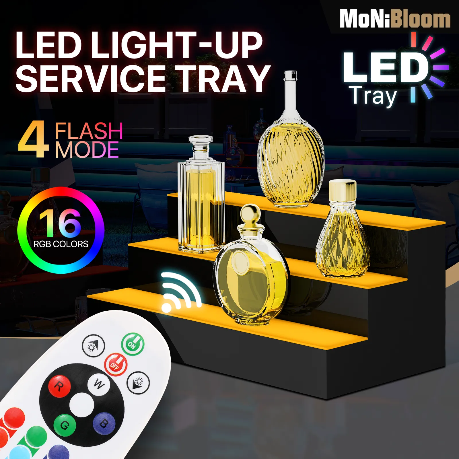 24"[REMOTE CONTROL 20 COLORS]LED Lighted 3 Step Bar Liquor Bottle Display Shelf