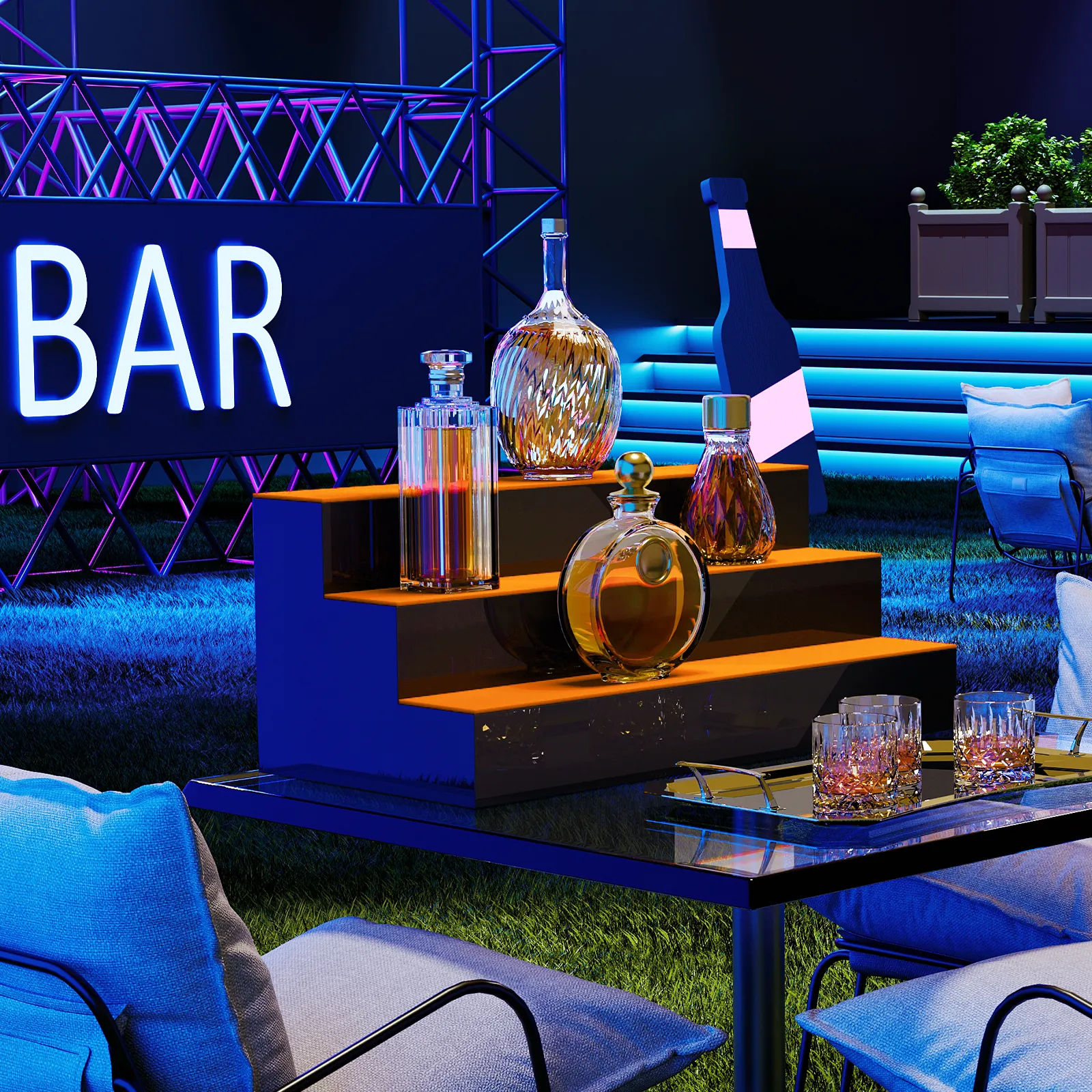 24"[REMOTE CONTROL 20 COLORS]LED Lighted 3 Step Bar Liquor Bottle Display Shelf
