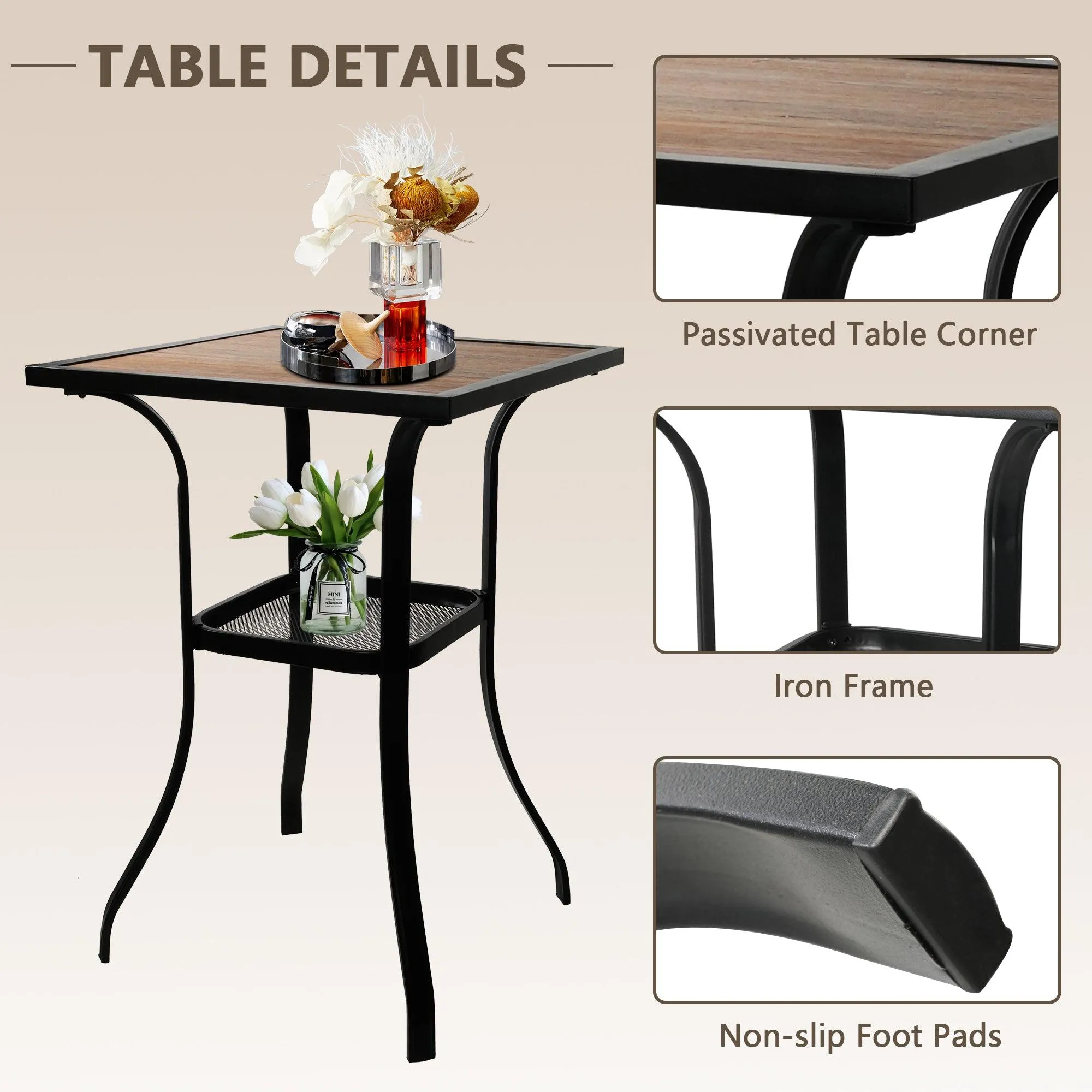 27.5" Outdoor High Bar Table Patio Square Bar Height Table with Storage Rack