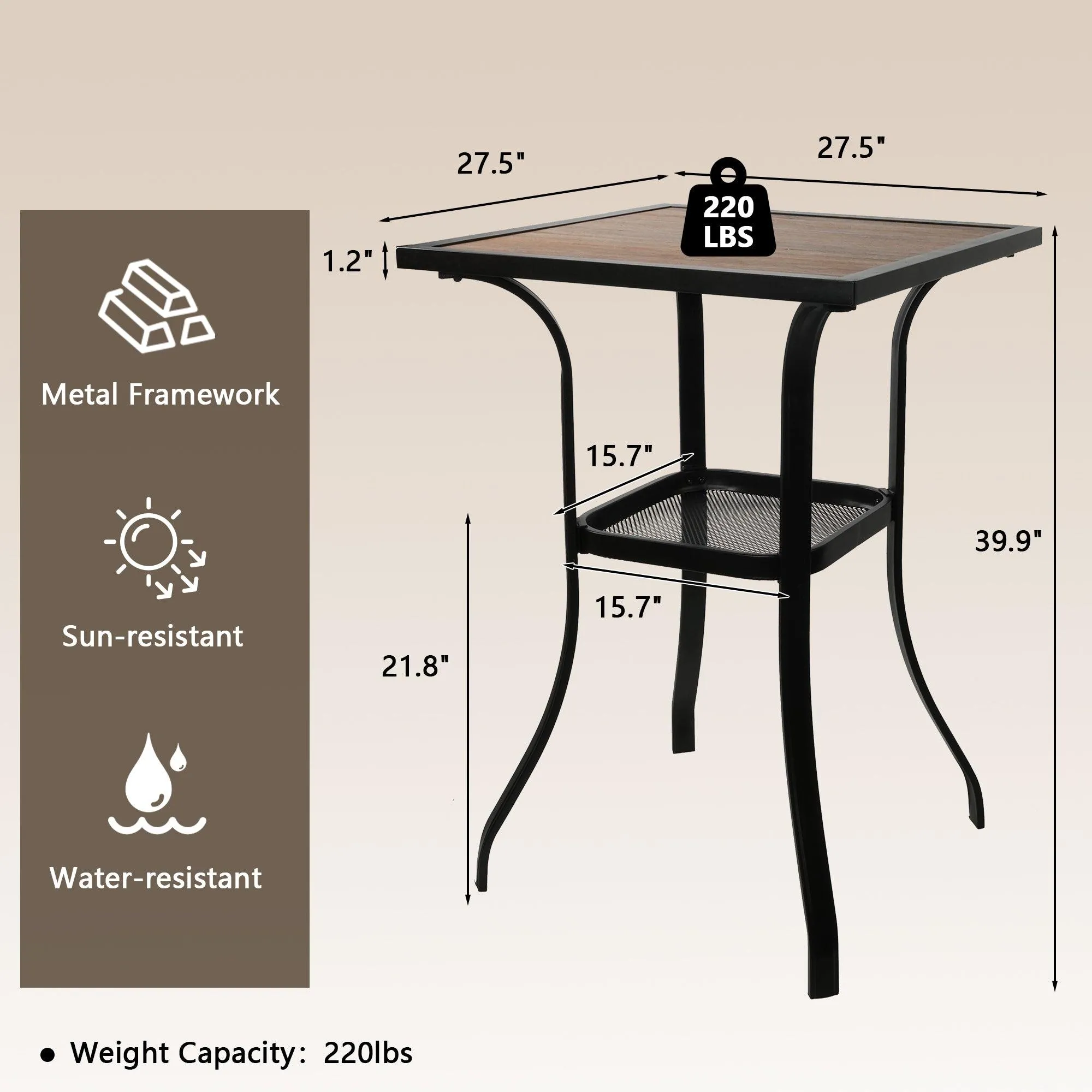 27.5" Outdoor High Bar Table Patio Square Bar Height Table with Storage Rack