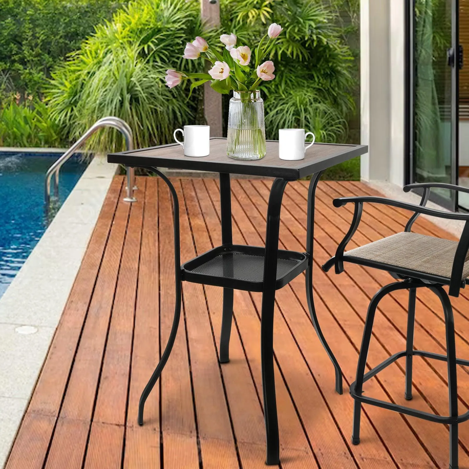 27.5" Outdoor High Bar Table Patio Square Bar Height Table with Storage Rack