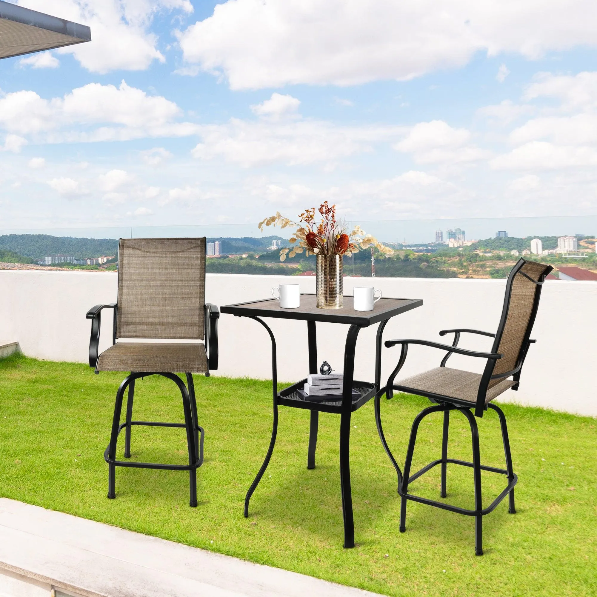 27.5" Outdoor High Bar Table Patio Square Bar Height Table with Storage Rack