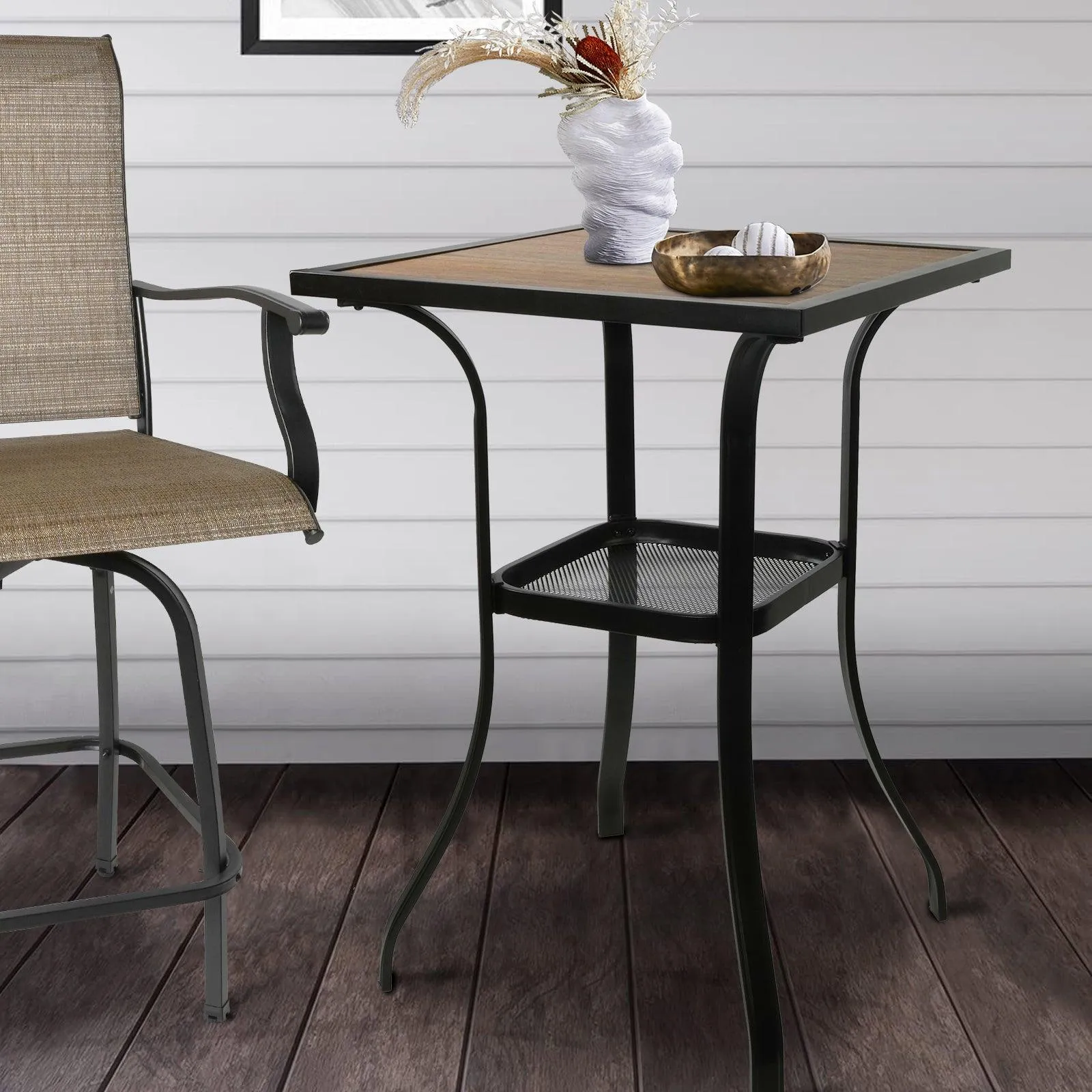 27.5" Outdoor High Bar Table Patio Square Bar Height Table with Storage Rack
