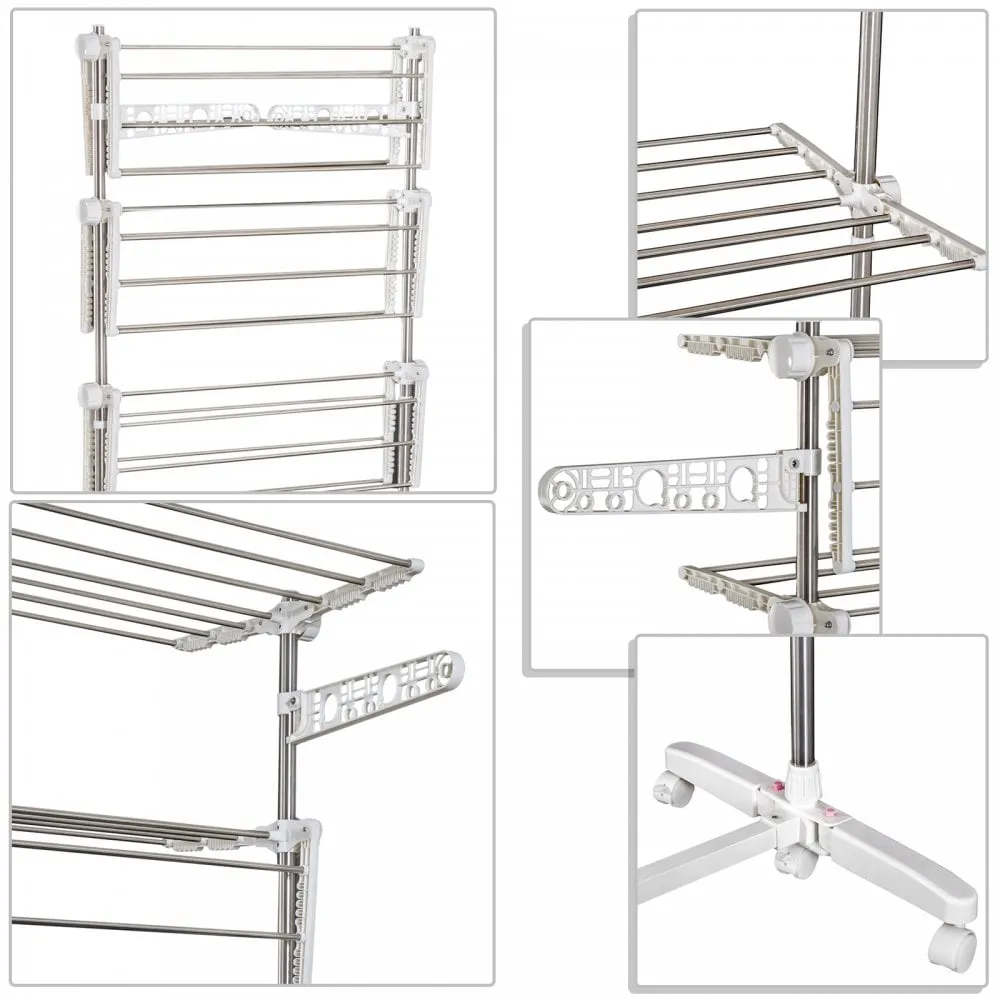 4 Layers Folding Cloth Hanger Stand Rail Adjustable Garment Rack W/Wheels-White/Silver