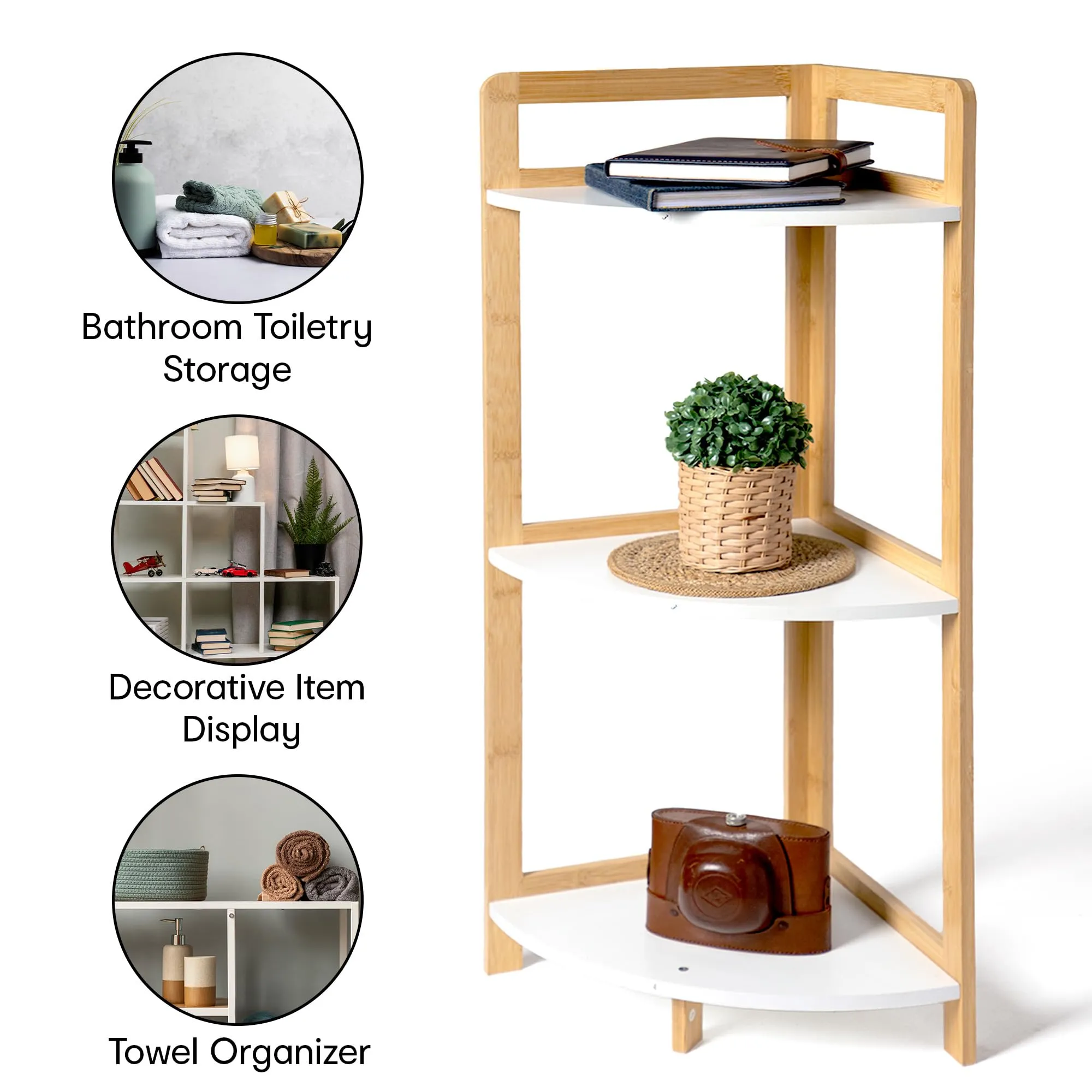 Anko Bamboo & White 3 Tier Corner | Multi-Drawer Bathroom & Livingroom Organizer, Storage Shelf/Rack, Bedroom Furniture, Office/Home Decoration| Shelf|85(H)*30(W)*30(D) Cm| 6kg Capacity