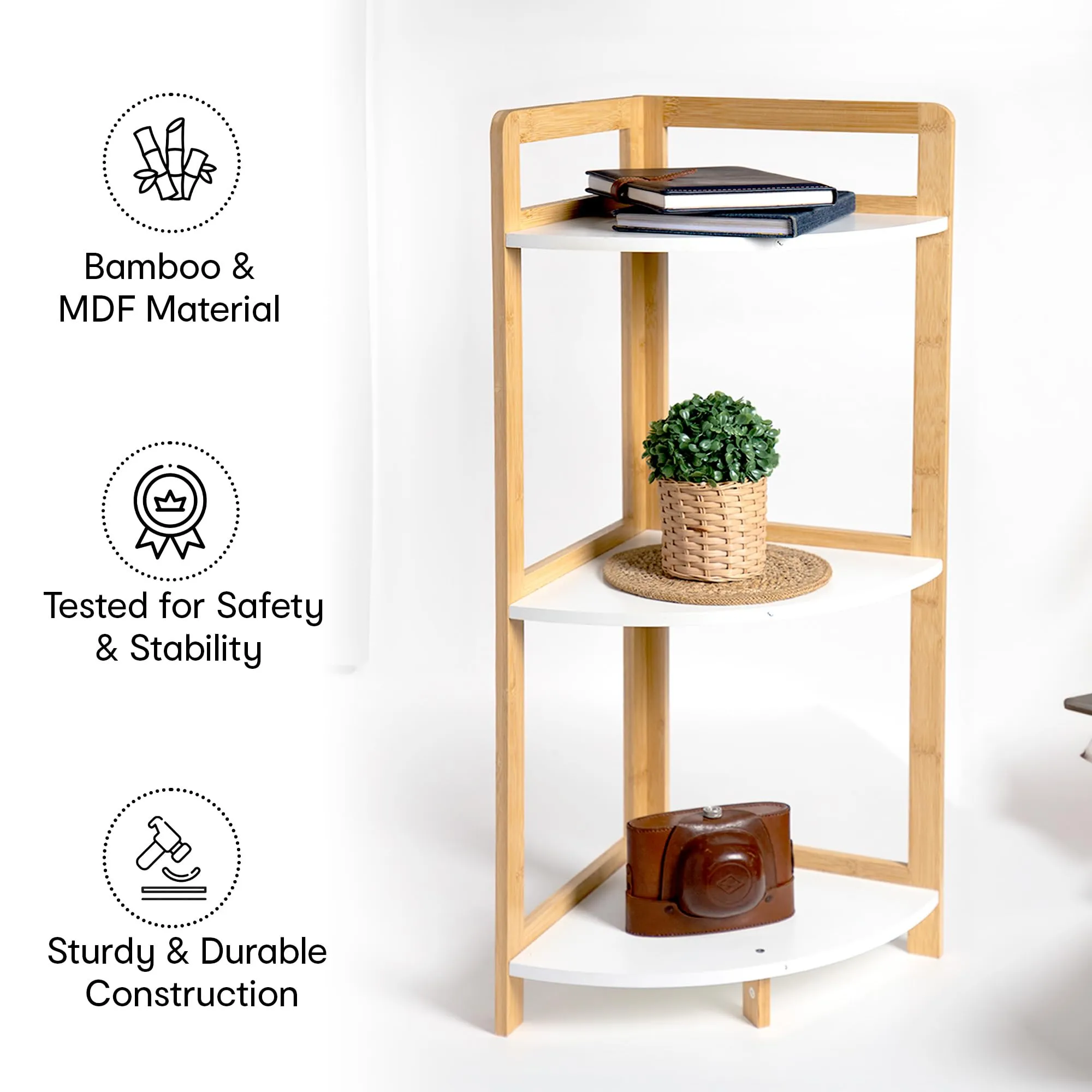 Anko Bamboo & White 3 Tier Corner | Multi-Drawer Bathroom & Livingroom Organizer, Storage Shelf/Rack, Bedroom Furniture, Office/Home Decoration| Shelf|85(H)*30(W)*30(D) Cm| 6kg Capacity