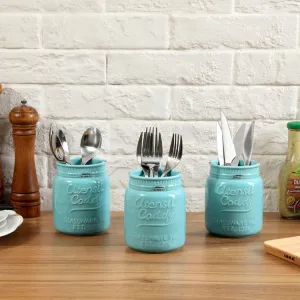 Aqua Ceramic Embossed Mason Jar Kitchen Utensil Flatware Caddy, Set of 3