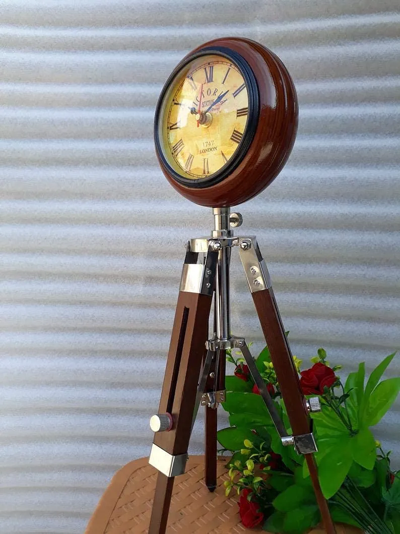 ART N CRAFT 5 inch Wooden Table Clock with Adjustable Tripod Stand Heavy Quality (Brown)