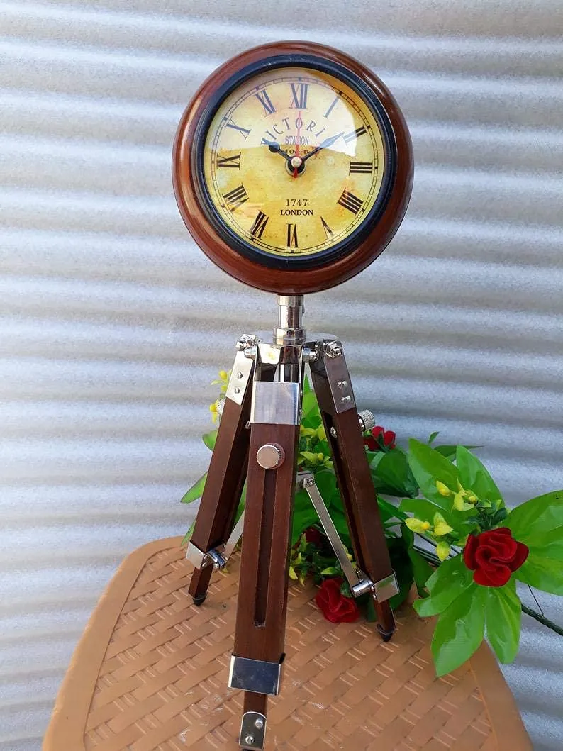 ART N CRAFT 5 inch Wooden Table Clock with Adjustable Tripod Stand Heavy Quality (Brown)