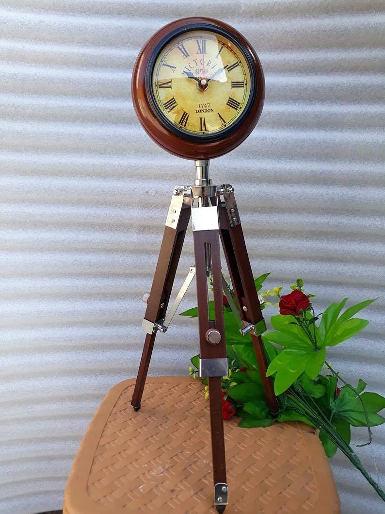 ART N CRAFT 5 inch Wooden Table Clock with Adjustable Tripod Stand Heavy Quality (Brown)