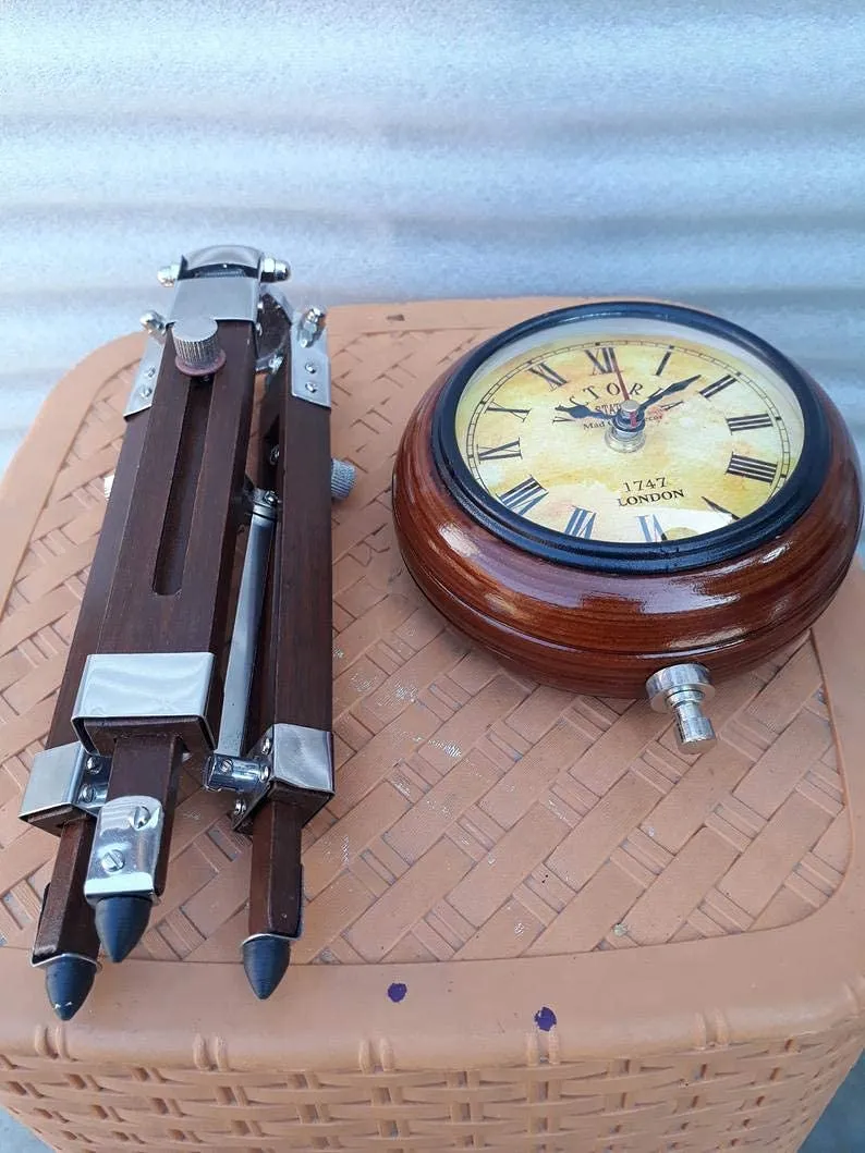 ART N CRAFT 5 inch Wooden Table Clock with Adjustable Tripod Stand Heavy Quality (Brown)