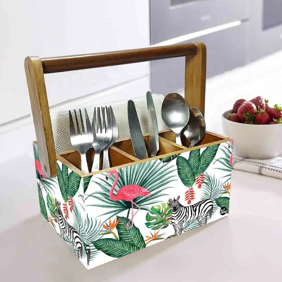 Cutlery Holder Stand With Handle for Kitchen Spoons Organizer - Zebra