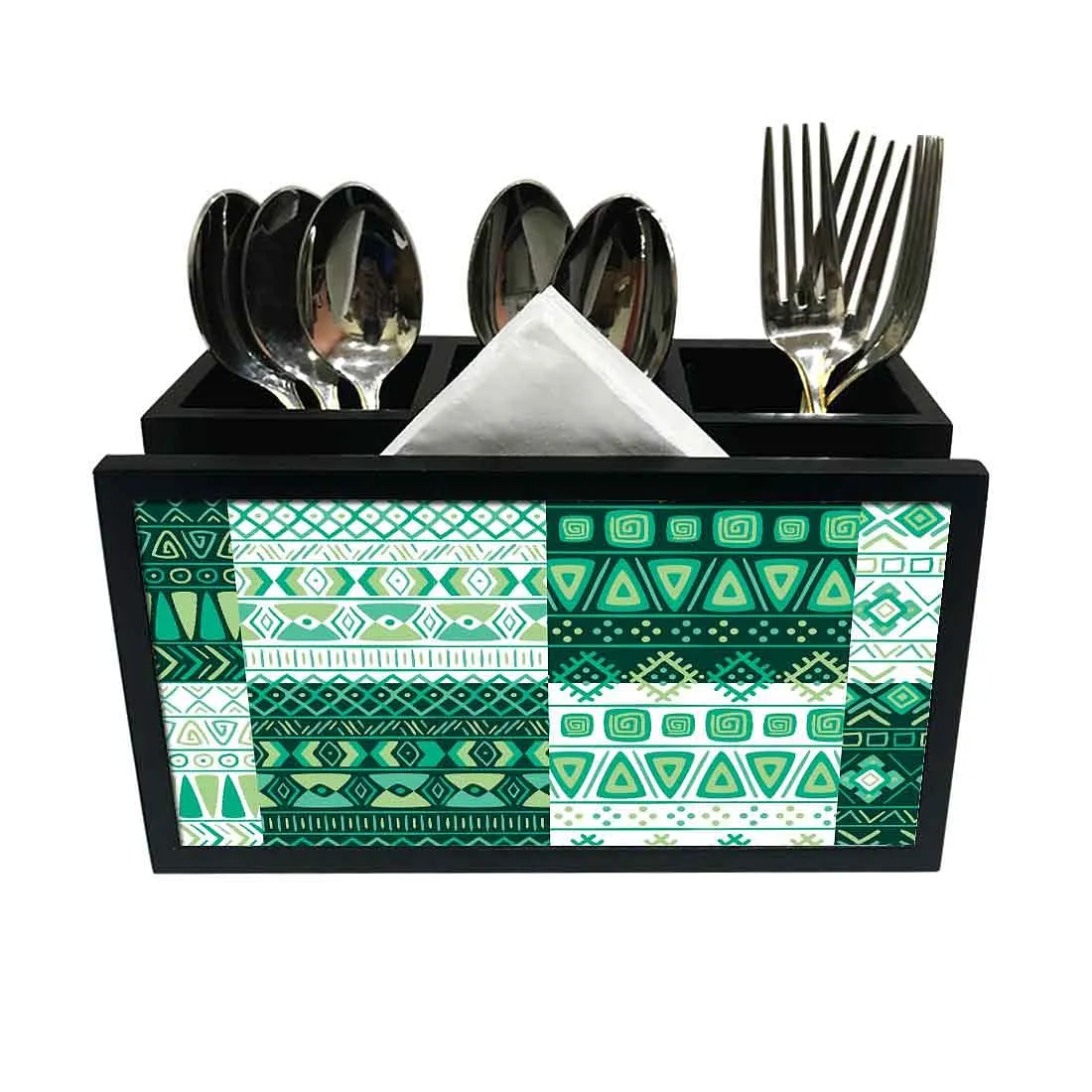 Cutlery Tissue Holder Napkin Stand -  Green Ethnic Design