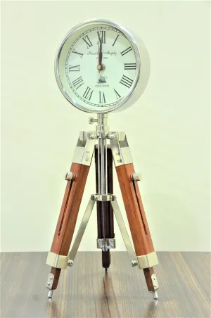 Designer Chrome Clock with Adjustable Brown Wooden Tripod | Handmade Stylish Timepiece for Home and Office Decor