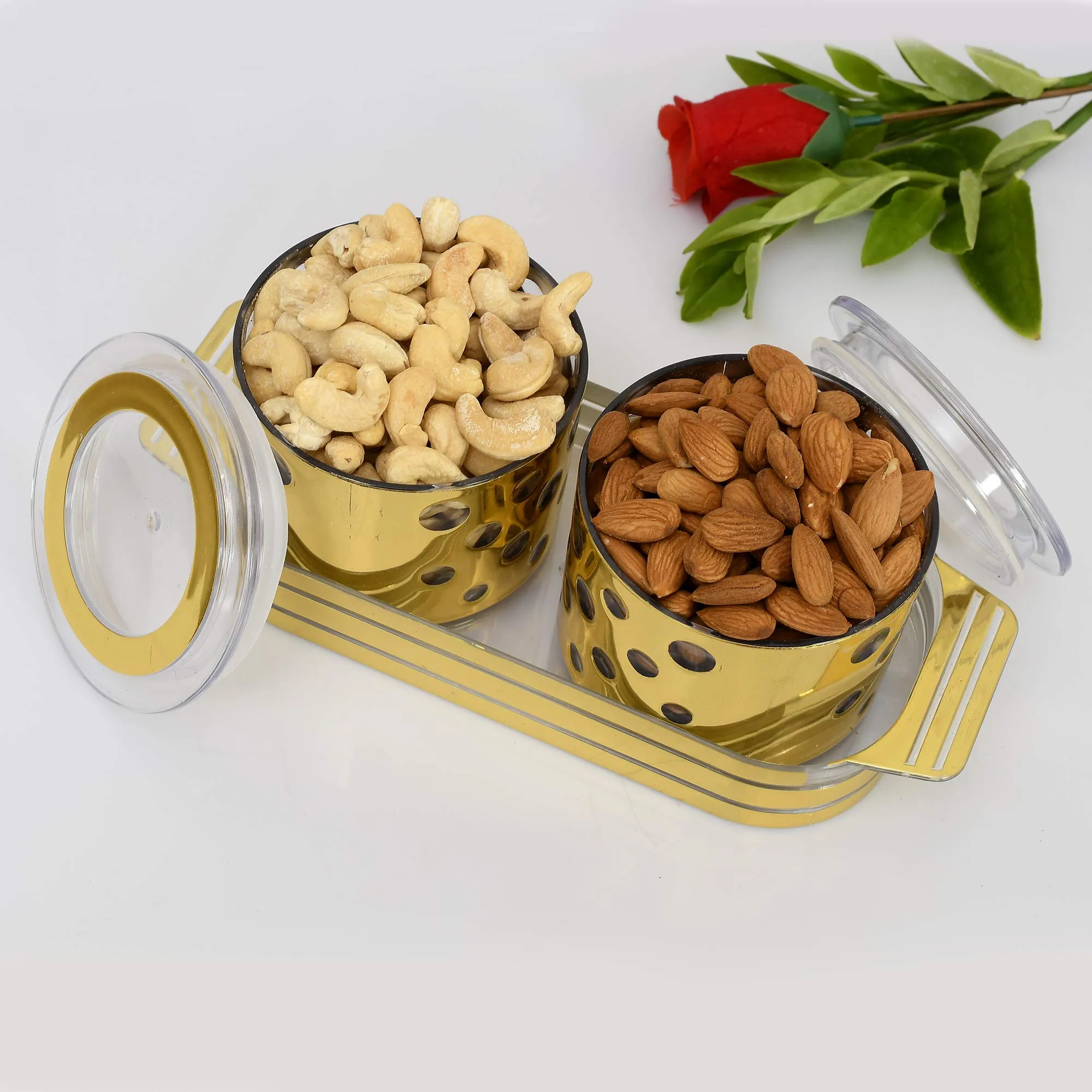 Fun Homes Pearl Wooden Design Plastic Serving Tray with 2 Multipurpose Snacks/Dry Fruit Air Tight Bowls with Lids (Set of 3,Gold), Standard (FSHOME011085)
