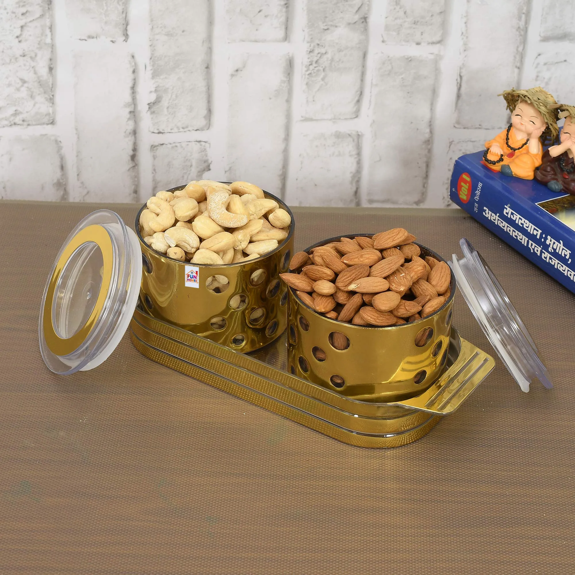 Fun Homes Pearl Wooden Design Plastic Serving Tray with 2 Multipurpose Snacks/Dry Fruit Air Tight Bowls with Lids (Set of 3,Gold), Standard (FSHOME011085)
