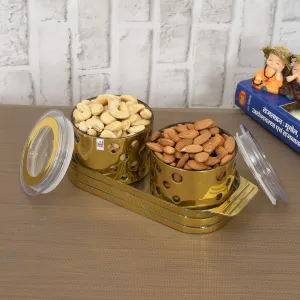 Fun Homes Pearl Wooden Design Plastic Serving Tray with 2 Multipurpose Snacks/Dry Fruit Air Tight Bowls with Lids (Set of 3,Gold), Standard (FSHOME011085)