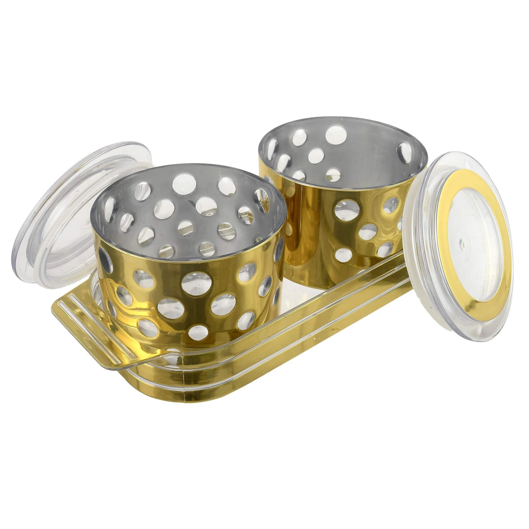 Fun Homes Pearl Wooden Design Plastic Serving Tray with 2 Multipurpose Snacks/Dry Fruit Air Tight Bowls with Lids (Set of 3,Gold), Standard (FSHOME011085)