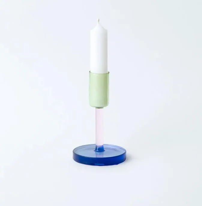 Glass Candlestick - Medium - Green / Pink / Blue