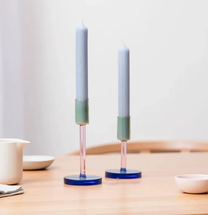Glass Candlestick - Medium - Green / Pink / Blue