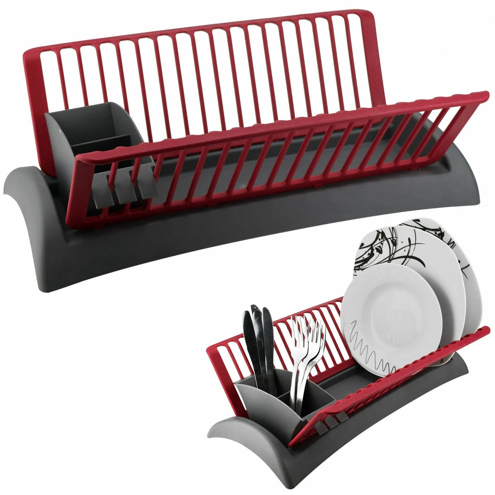 Grey and Red Dish Drainer and Cutlery Holder