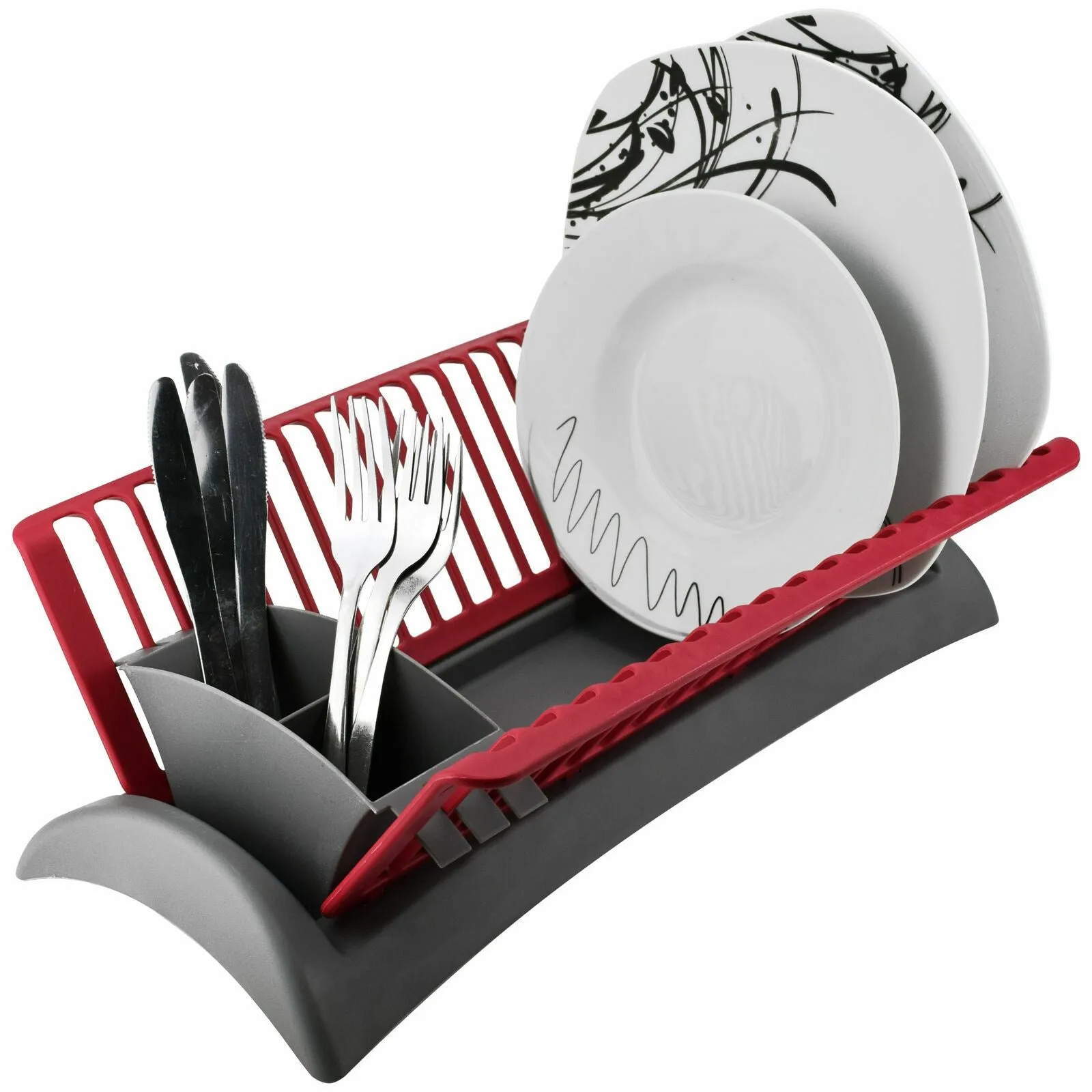Grey and Red Dish Drainer and Cutlery Holder