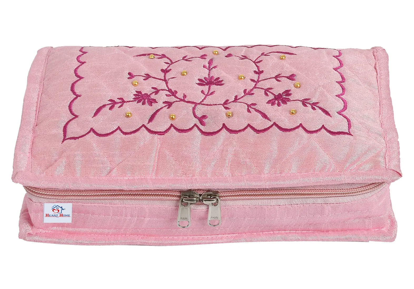 Heart Home Multiuses Embroidery Design Portable Jewellery Organizer With 6 Tranasparent Pockets- Pack of 2 (Pink)