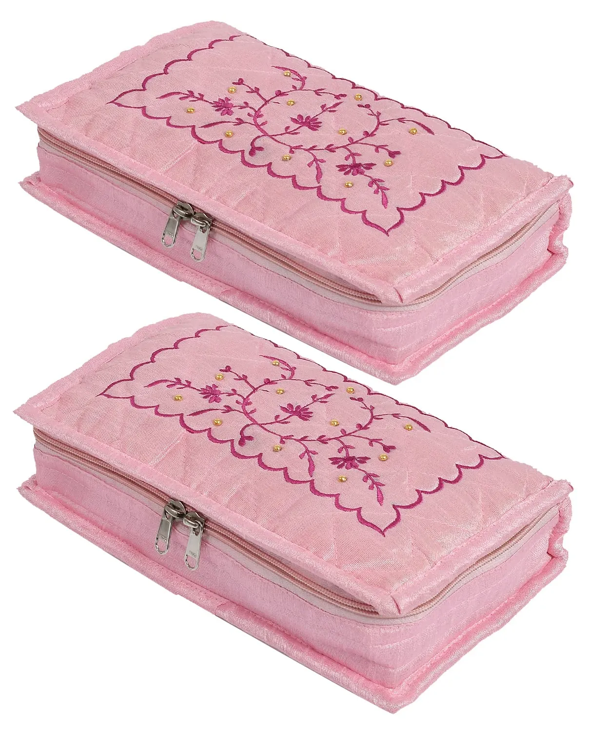 Heart Home Multiuses Embroidery Design Portable Jewellery Organizer With 6 Tranasparent Pockets- Pack of 2 (Pink)