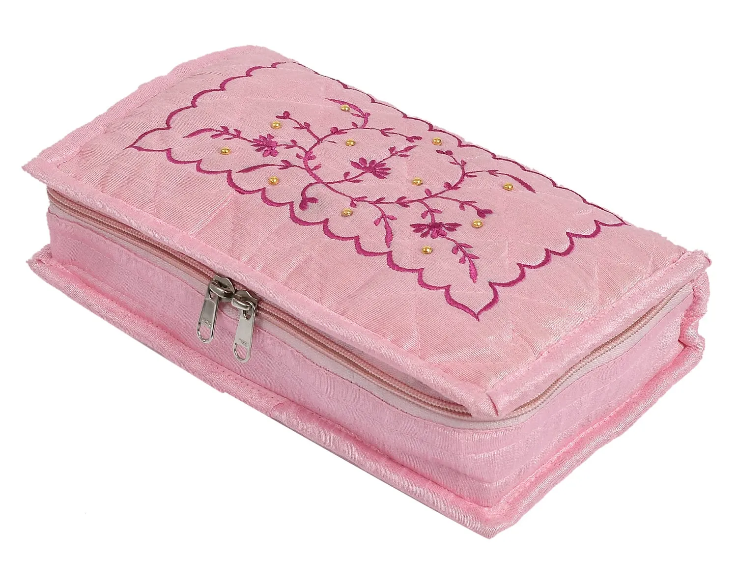 Heart Home Multiuses Embroidery Design Portable Jewellery Organizer With 6 Tranasparent Pockets- Pack of 2 (Pink)
