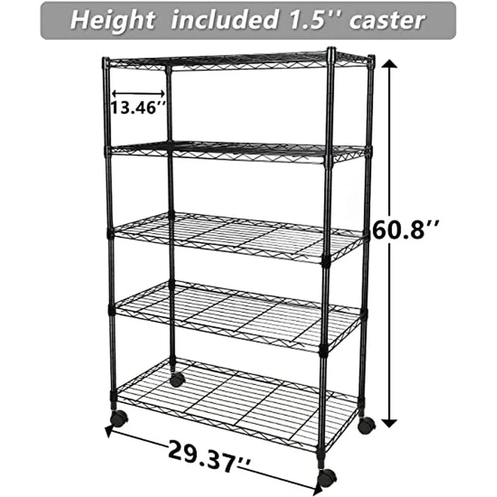 Heavy Duty 5-Shelf Shelving Unit,Plug Version, 29" D x 14" W x 61" H, Black, 5 Tier