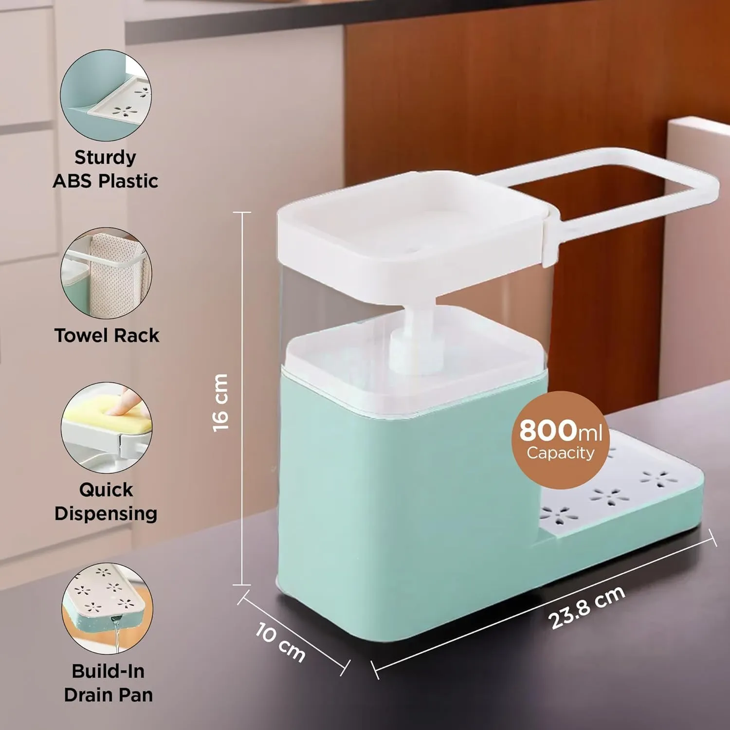Homestic 3-in-1 Soap Dispenser (800ml) with Sponge Holder & Towel Rack | Multifunctional Kitchen Accessories Items for Home | Non-Fragile | Blue