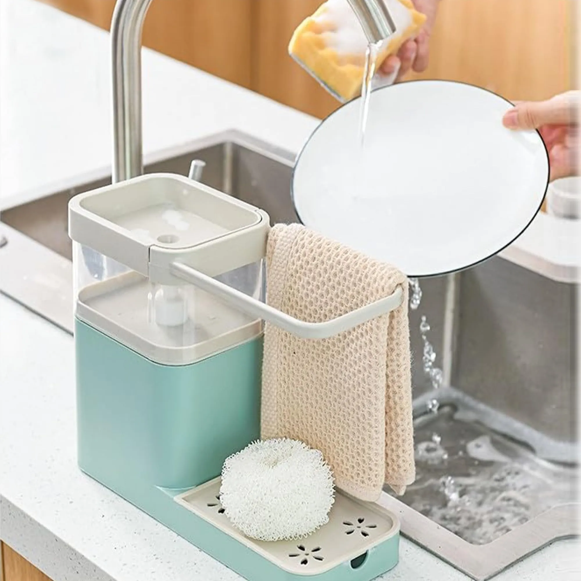 Homestic 3-in-1 Soap Dispenser (800ml) with Sponge Holder & Towel Rack | Multifunctional Kitchen Accessories Items for Home | Non-Fragile | Blue