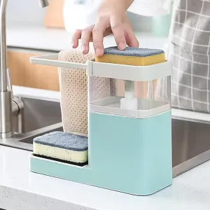 Homestic 3-in-1 Soap Dispenser (800ml) with Sponge Holder & Towel Rack | Multifunctional Kitchen Accessories Items for Home | Non-Fragile | Blue