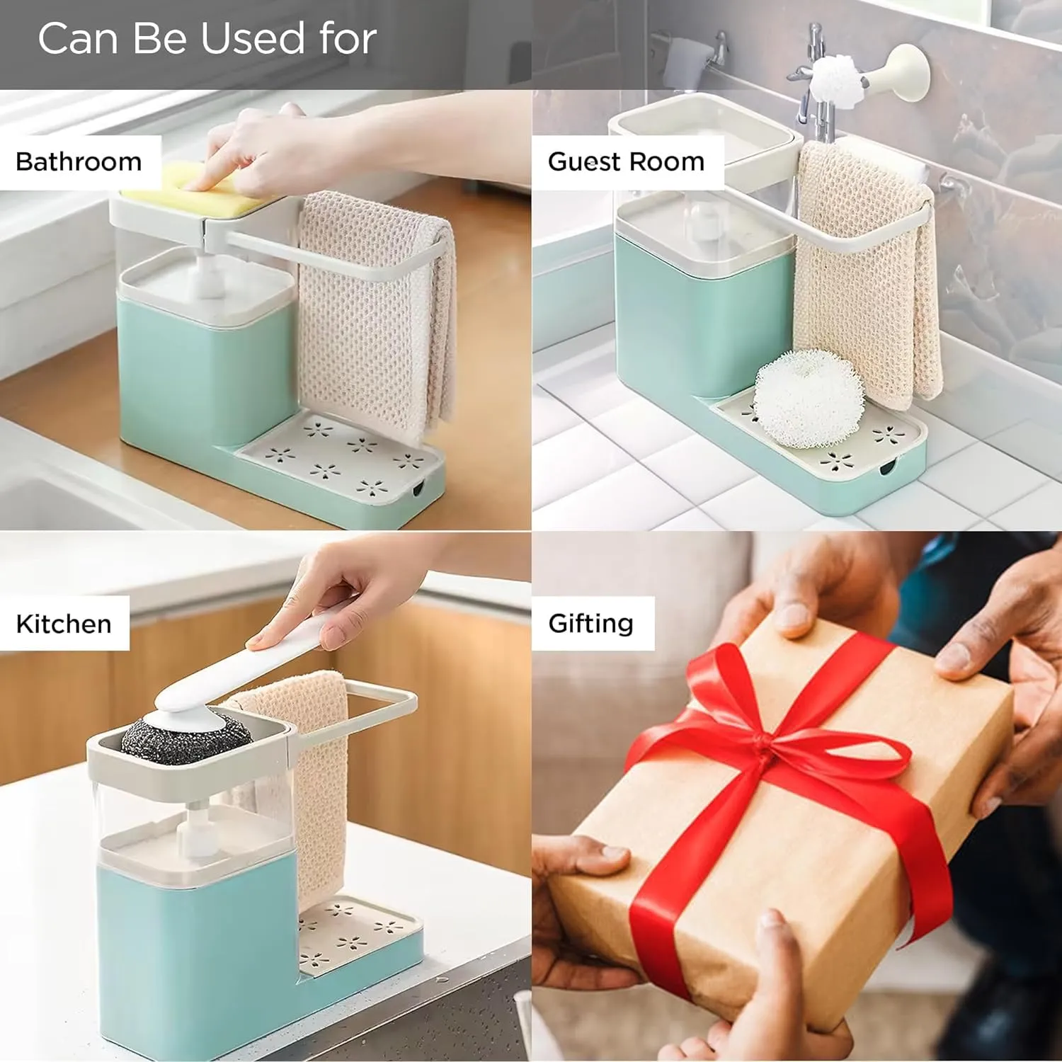 Homestic 3-in-1 Soap Dispenser (800ml) with Sponge Holder & Towel Rack | Multifunctional Kitchen Accessories Items for Home | Non-Fragile | Blue