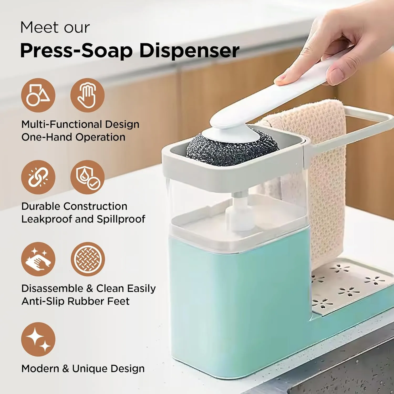 Homestic 3-in-1 Soap Dispenser (800ml) with Sponge Holder & Towel Rack | Multifunctional Kitchen Accessories Items for Home | Non-Fragile | Blue
