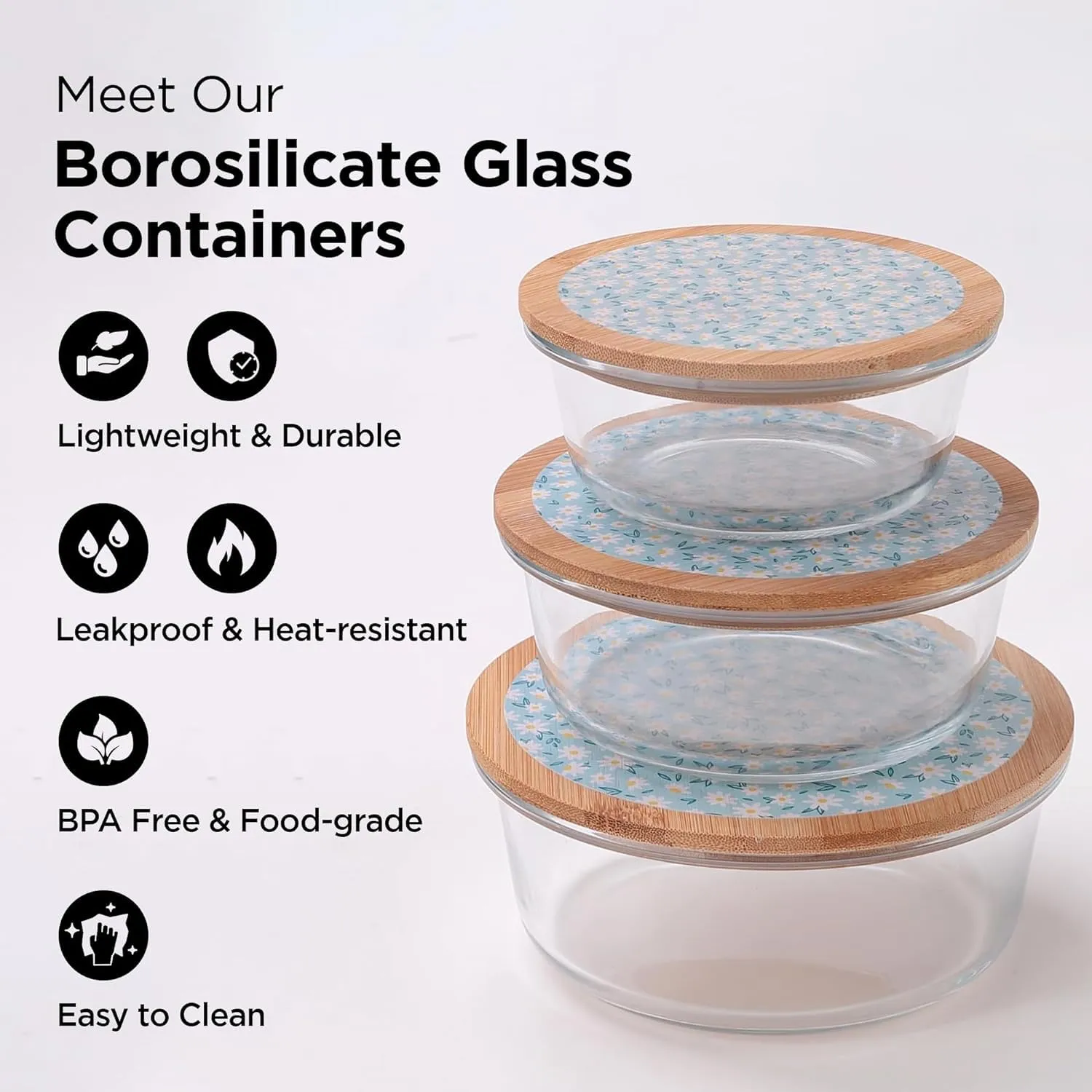 Homestic Pack of 3 Borosilicate Glass Kitchen Containers with Bamboo Lid | 390ml 620ml 960ml | Airtight Round Fridge Storage Boxes |Kitchen accessories items | Dandy Daisies Print