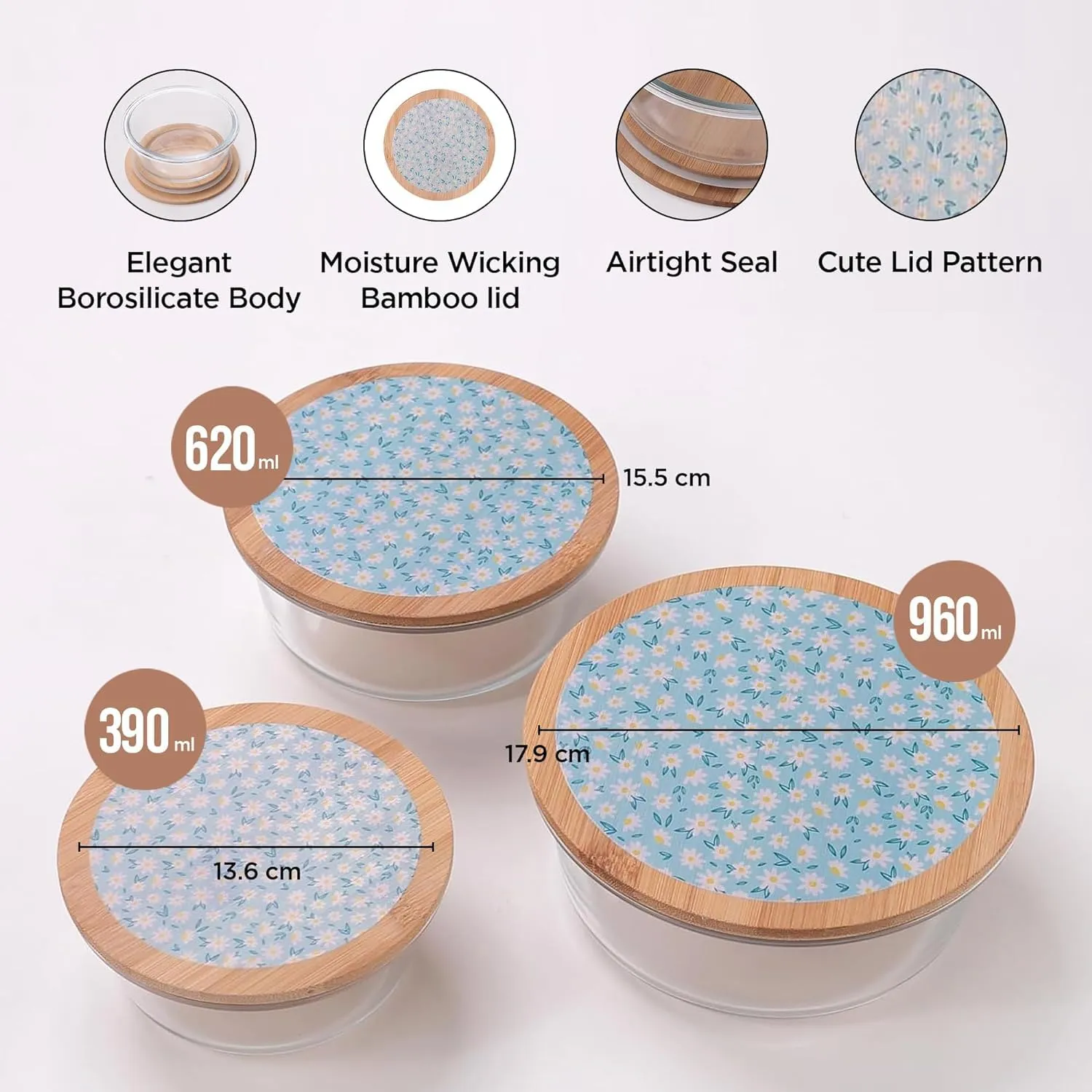 Homestic Pack of 3 Borosilicate Glass Kitchen Containers with Bamboo Lid | 390ml 620ml 960ml | Airtight Round Fridge Storage Boxes |Kitchen accessories items | Dandy Daisies Print