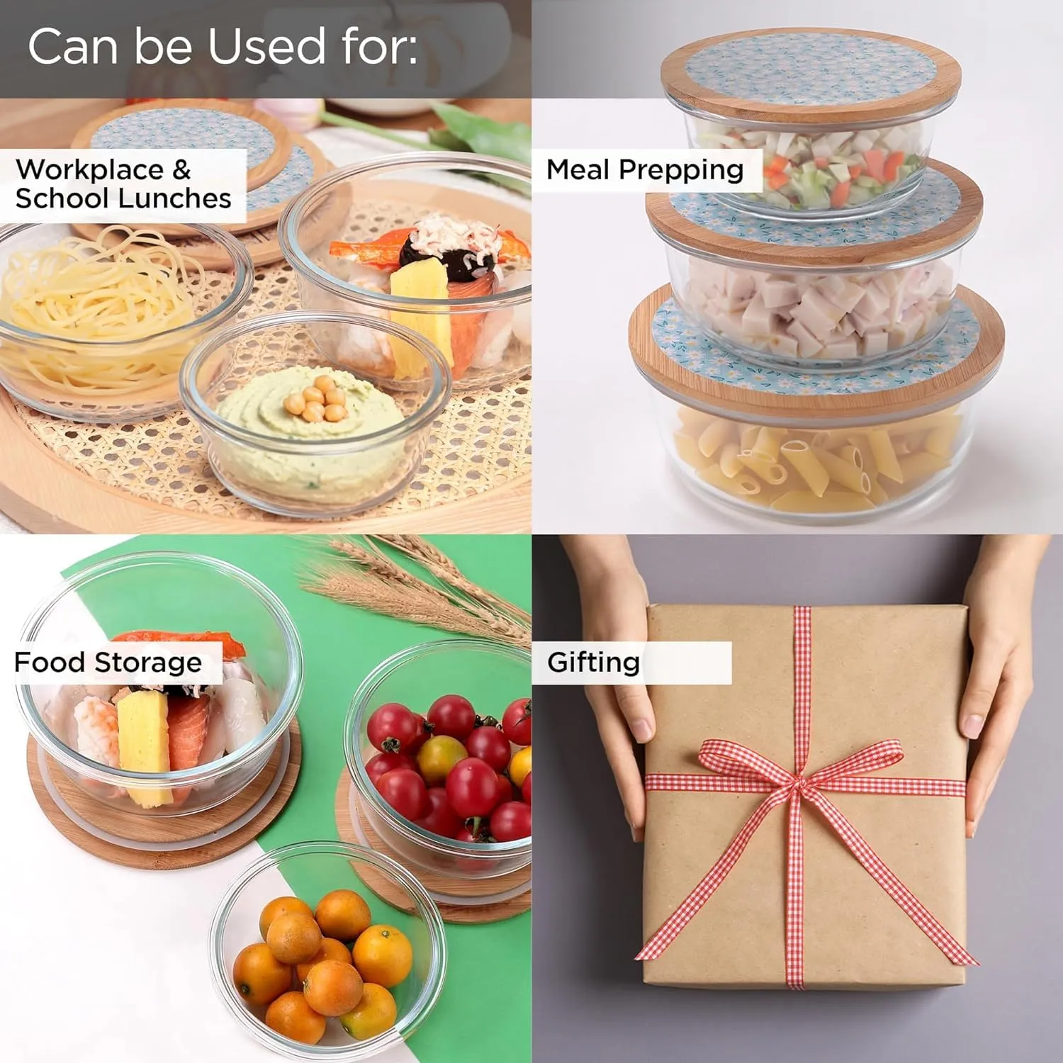 Homestic Pack of 3 Borosilicate Glass Kitchen Containers with Bamboo Lid | 390ml 620ml 960ml | Airtight Round Fridge Storage Boxes |Kitchen accessories items | Dandy Daisies Print