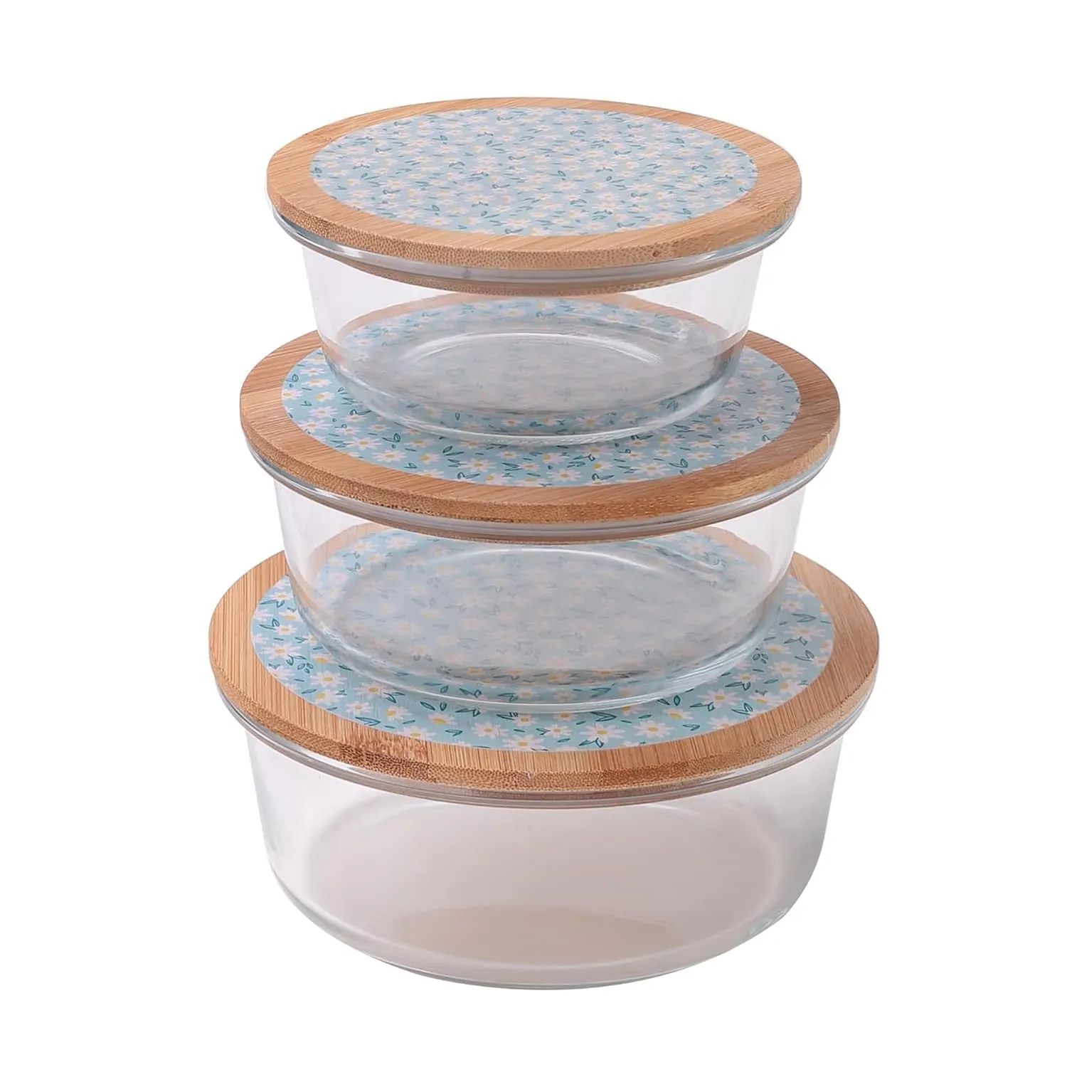 Homestic Pack of 3 Borosilicate Glass Kitchen Containers with Bamboo Lid | 390ml 620ml 960ml | Airtight Round Fridge Storage Boxes |Kitchen accessories items | Dandy Daisies Print