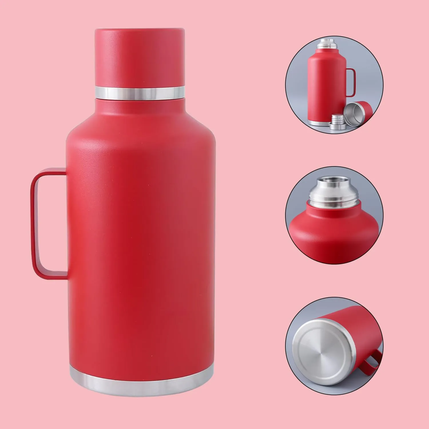 Homestic Vacuum Insulated Water Bottle | Stainless Steel Water Bottle with Handle | Hot & Cold Water Bottle | Leakproof, BPA Free, Rustproof | 2000 ML | Red