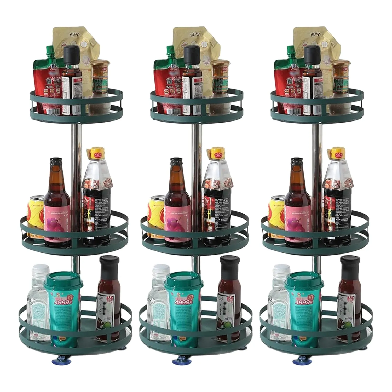 Kuber Industries 3-Layer Rotating Spice Rack|Circular Shelf For Cabinet Countertop|360-Degree Rotable Kitchen Trolley|Fruit Basket Pack of 3 (Dark Green)