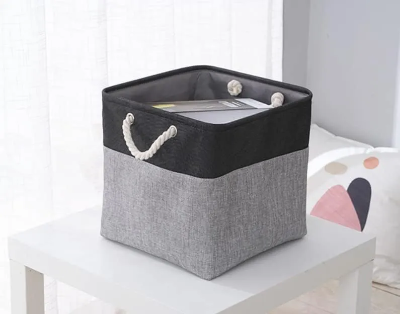 Kuber Industries Sqaure Storage Basket With Handle|Foldable Storage Organizer|Idol For Home D?cor, Storing Toys, Kids Clothes (Black-Grey)