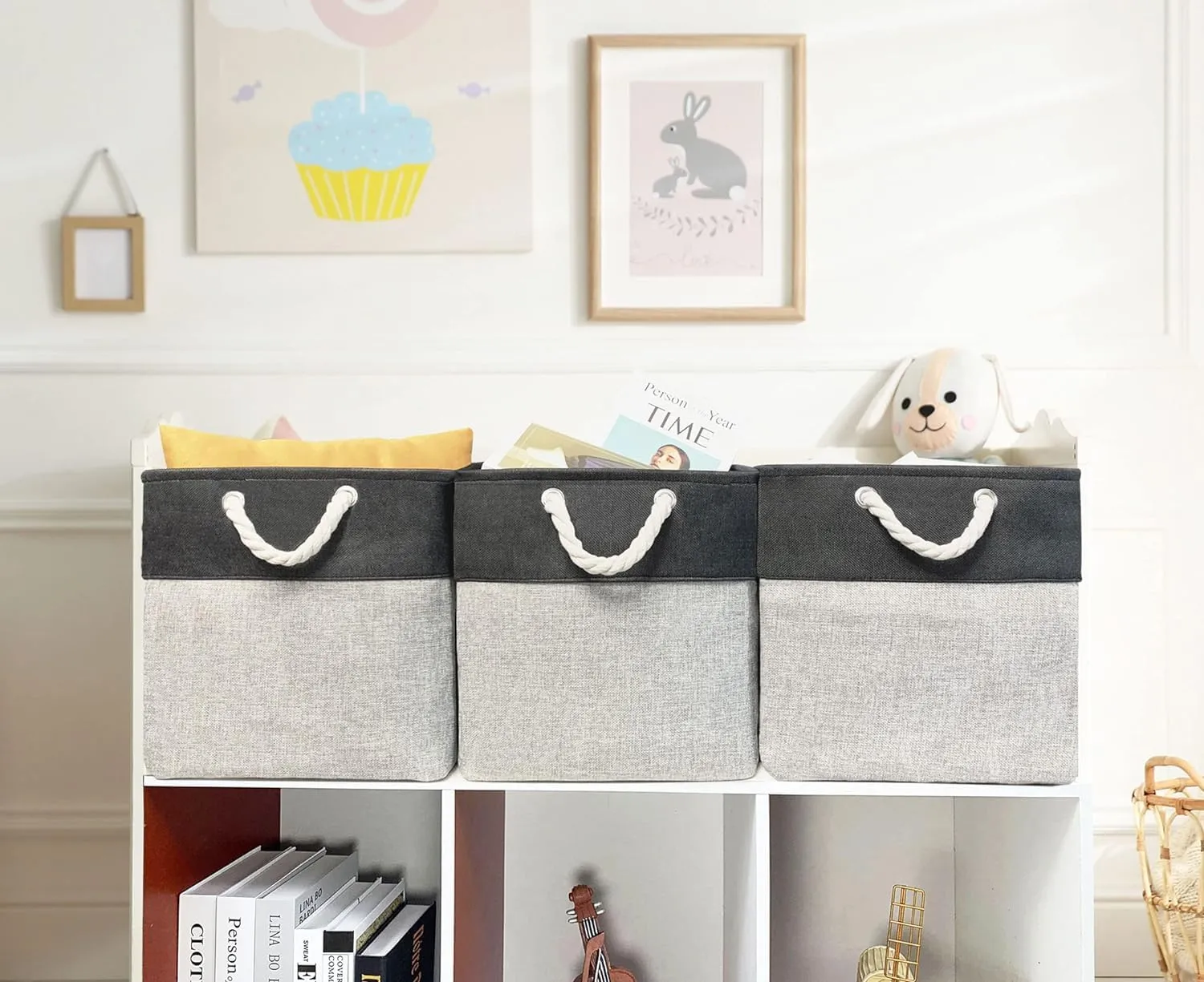 Kuber Industries Sqaure Storage Basket With Handle|Foldable Storage Organizer|Idol For Home D?cor, Storing Toys, Kids Clothes (Black-Grey)