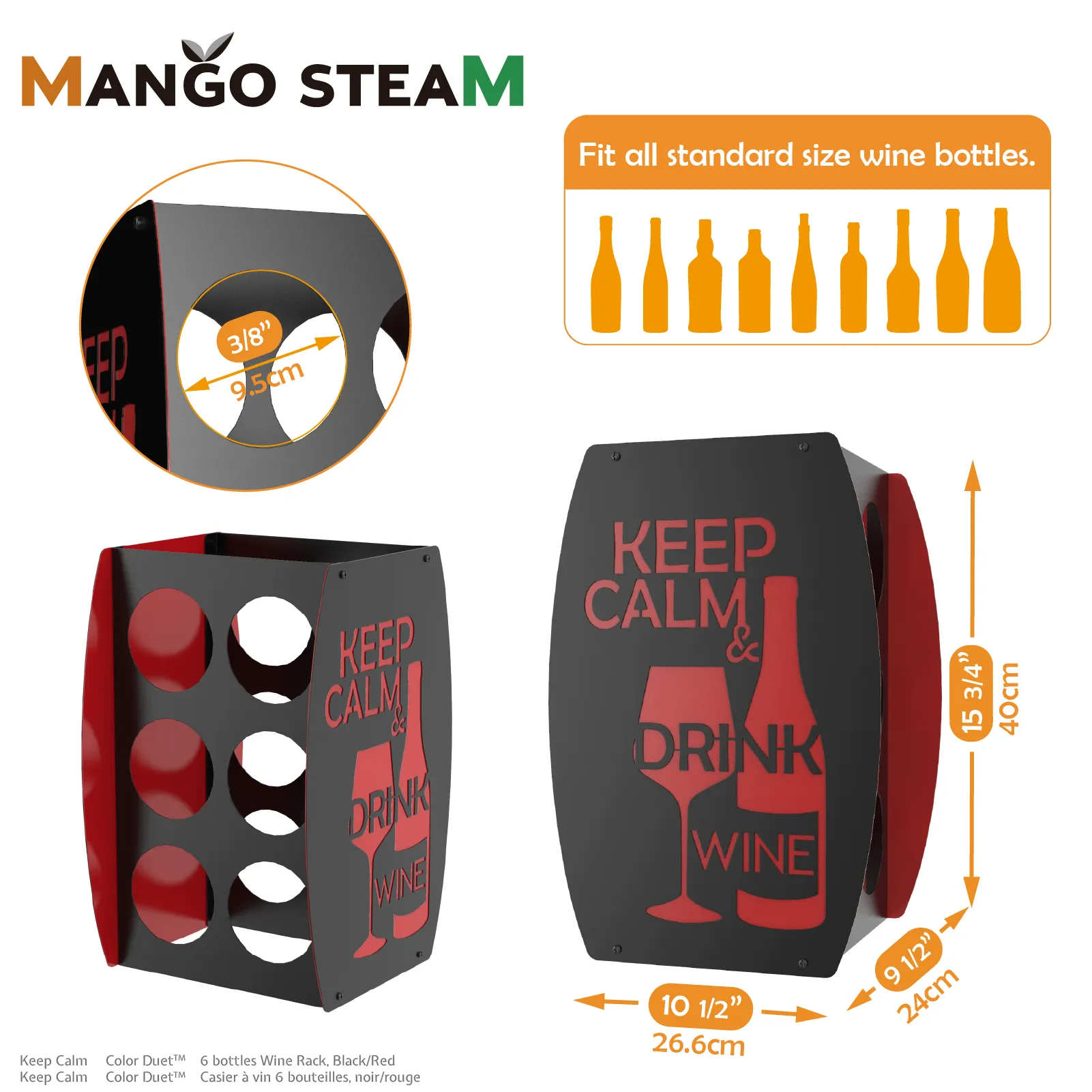 Mango Steam Keep Calm Two-Tone Wine Rack, Black & Red