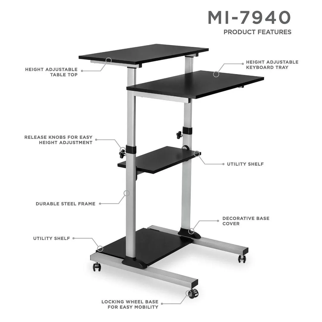 Mount-It! MI-7940 Height-Adjustable Rolling Standing Desk