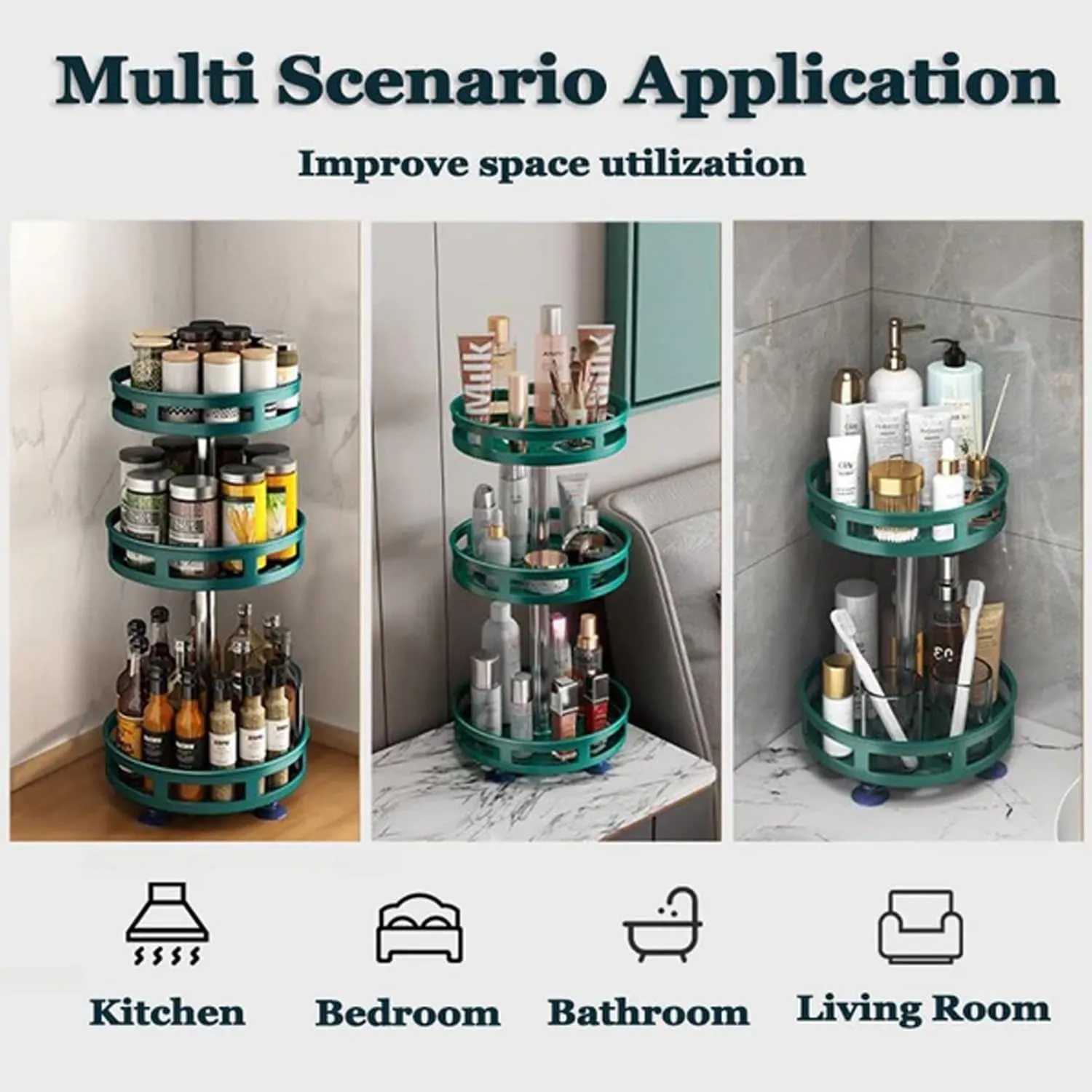 Plantex 2-Layer Rotating Spice Rack|Circular Shelf For Cabinet Countertop|360-Degree Rotable Kitchen Trolley|Fruit Basket (Dark Green)