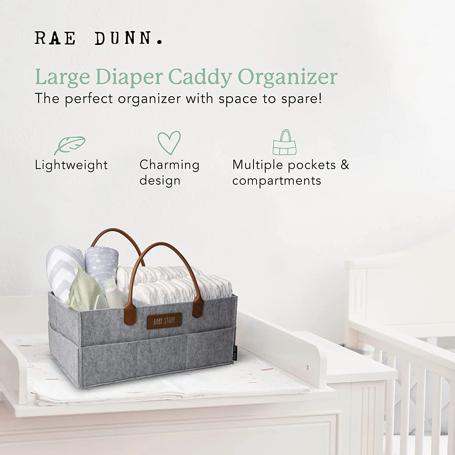 Rae Dunn Baby Caddy Organizer with Faux Leather Handles