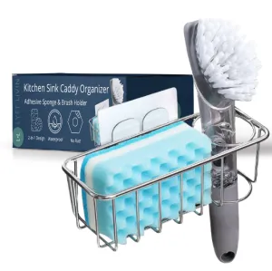 Stainless Steel Kitchen Sink Caddy Organizer With Brush DishCloth & Sponge Scrub Pad With Self Adhesive Hooks Over The Sink Drying Basket Rack- 4 in 1